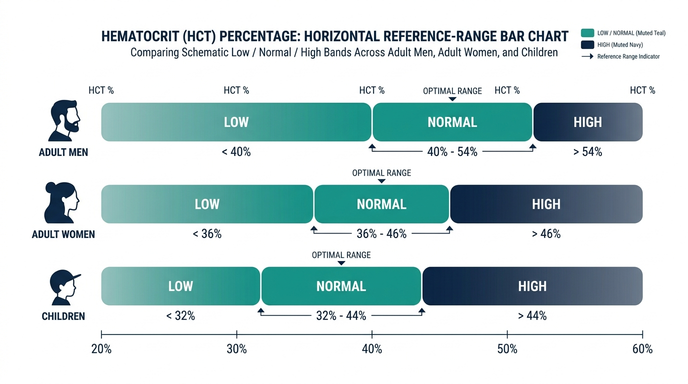 Reference range chart comparing hematocrit percentage bands for men, women, and children