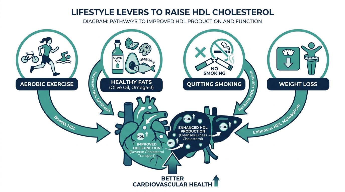 Diagram of four lifestyle levers, exercise, healthy fats, quitting smoking, and weight loss, that help raise HDL cholesterol
