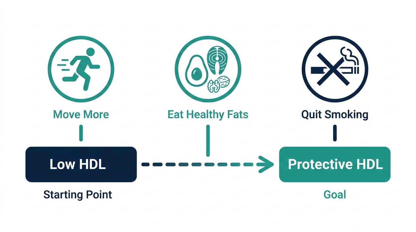 Schematic chart showing the path from low HDL to a protective HDL goal through movement, healthy fats, and quitting smoking