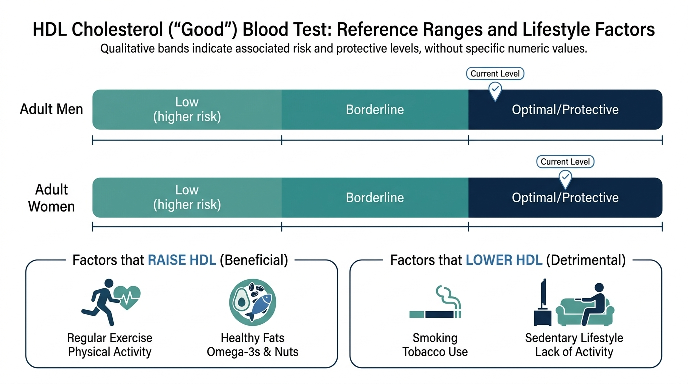 Schematic chart showing HDL cholesterol reference range bands from low to optimal, with lifestyle factors that raise or lower HDL