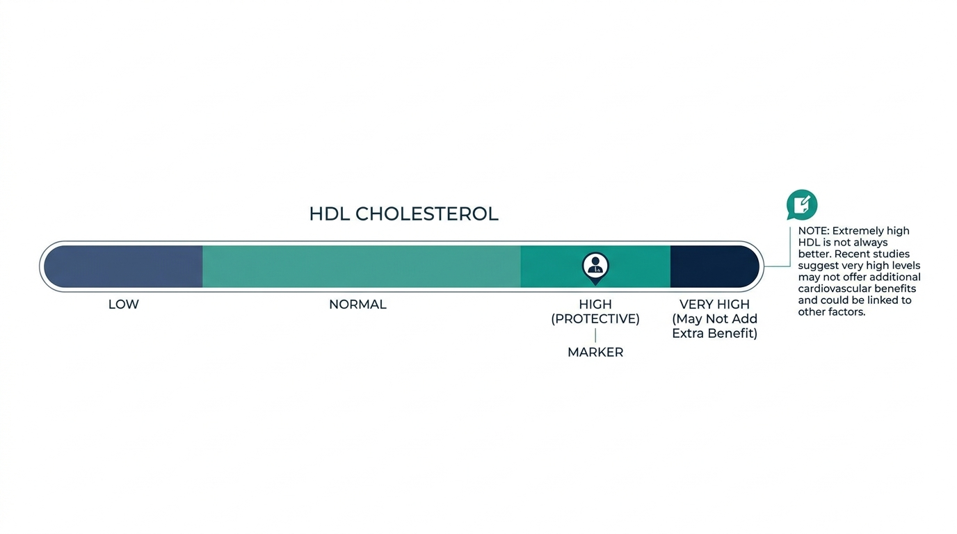 Reference range chart showing low, normal, high, and very high HDL cholesterol bands