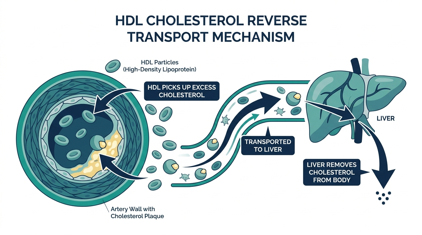Diagram of HDL reverse cholesterol transport showing HDL particles removing excess cholesterol from artery walls and carrying it to the liver
