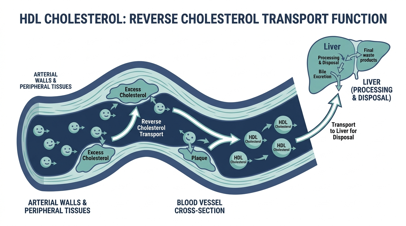 Diagram of HDL reverse cholesterol transport from artery walls back to the liver
