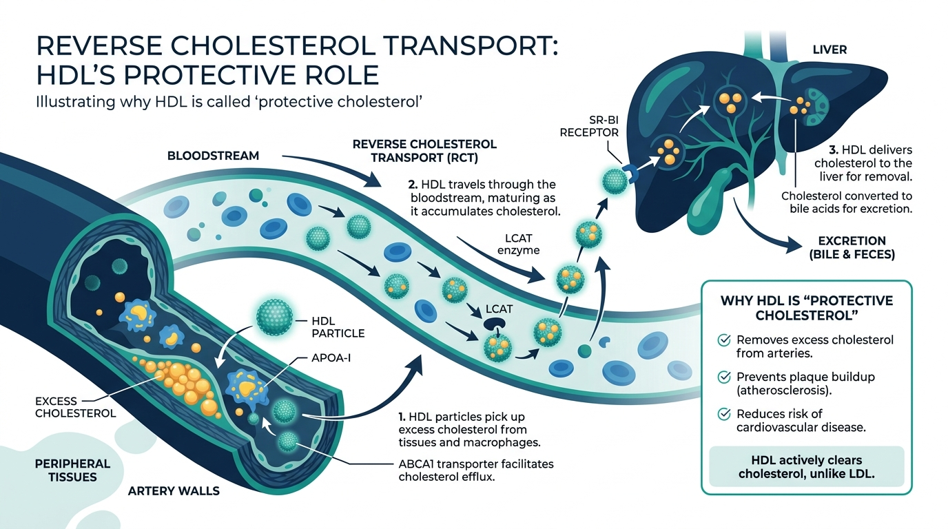 Diagram of reverse cholesterol transport showing HDL carrying excess cholesterol from arteries back to the liver