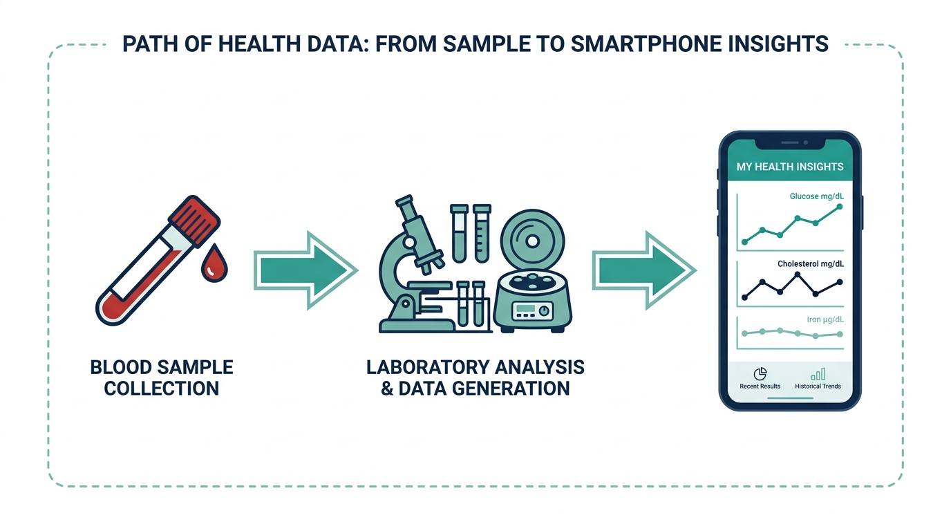 Flow diagram showing a blood sample moving through lab analysis into a smartphone app displaying biomarker trend lines