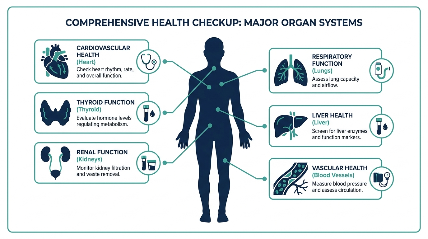 Body silhouette diagram with labeled callouts showing which organ systems a comprehensive health checkup evaluates