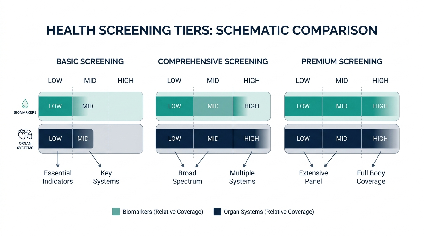 Schematic chart comparing Basic, Comprehensive, and Premium health screening tiers by relative coverage