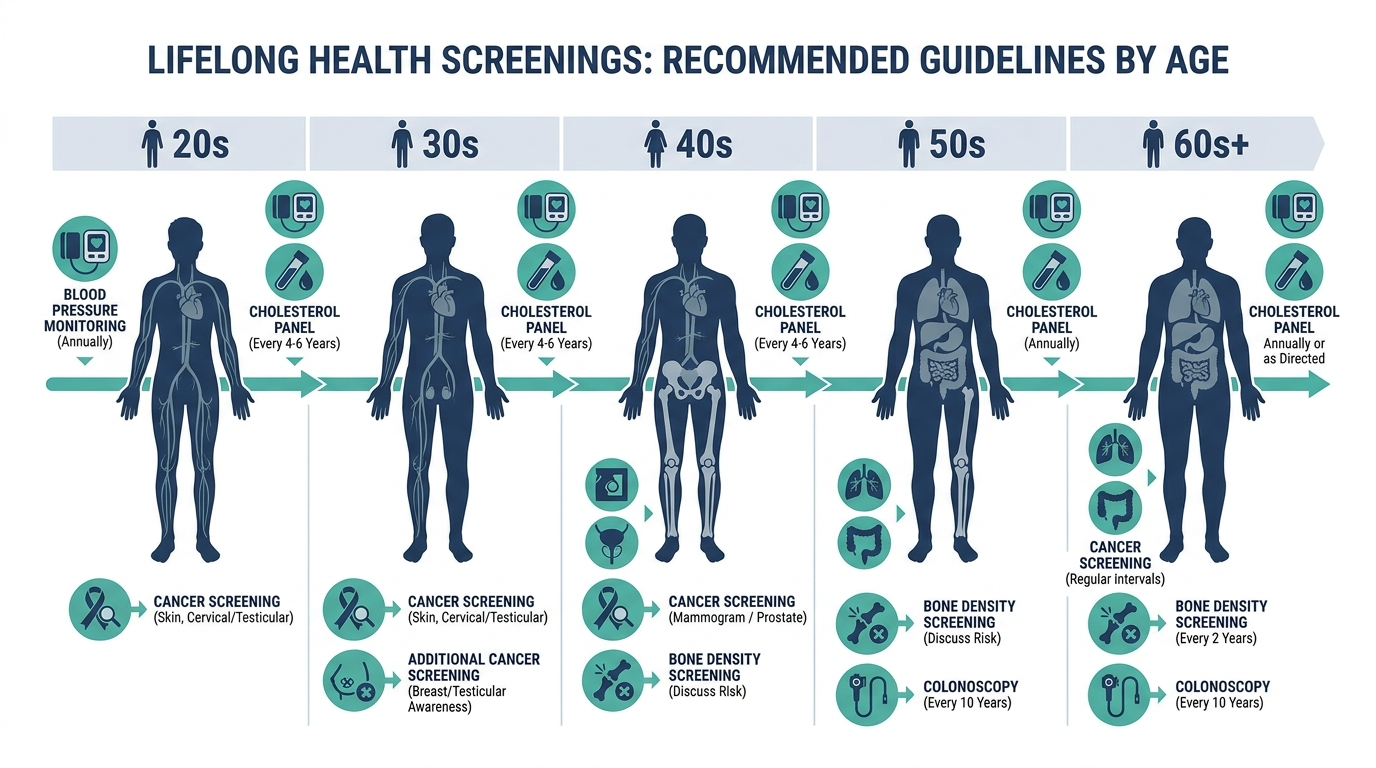 Timeline diagram of recommended health screenings across life decades from 20s through 60s and beyond