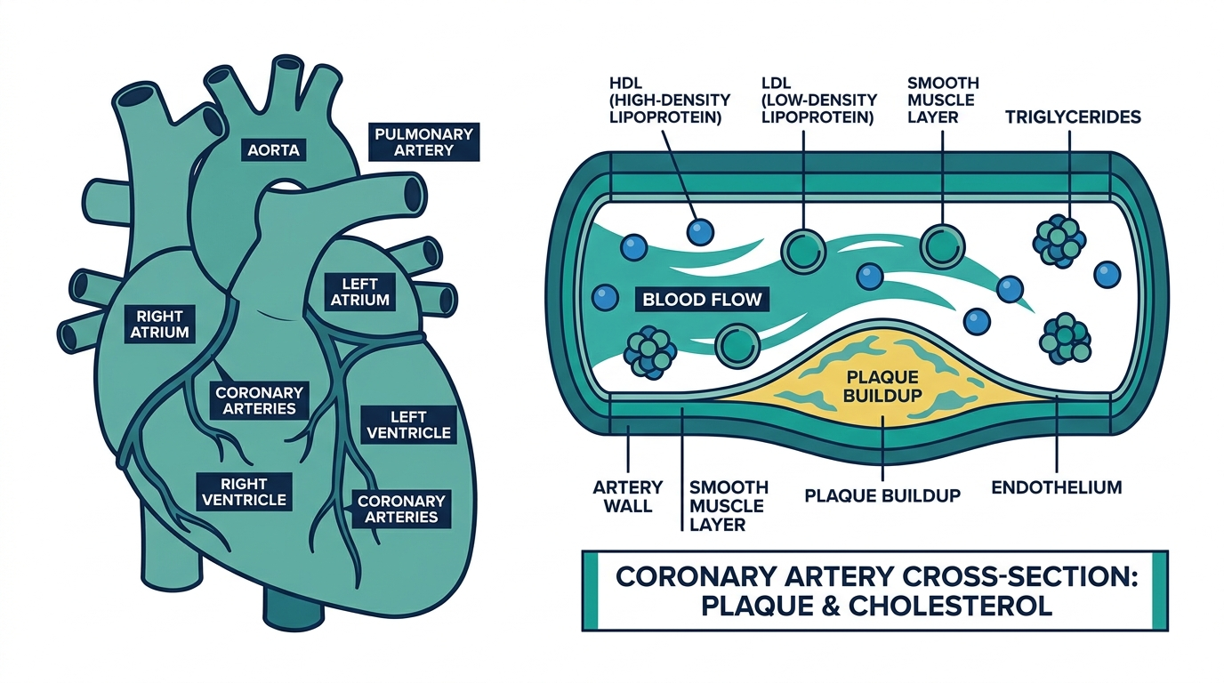 Diagram of a coronary artery cross-section showing cholesterol particles and plaque buildup narrowing the artery wall
