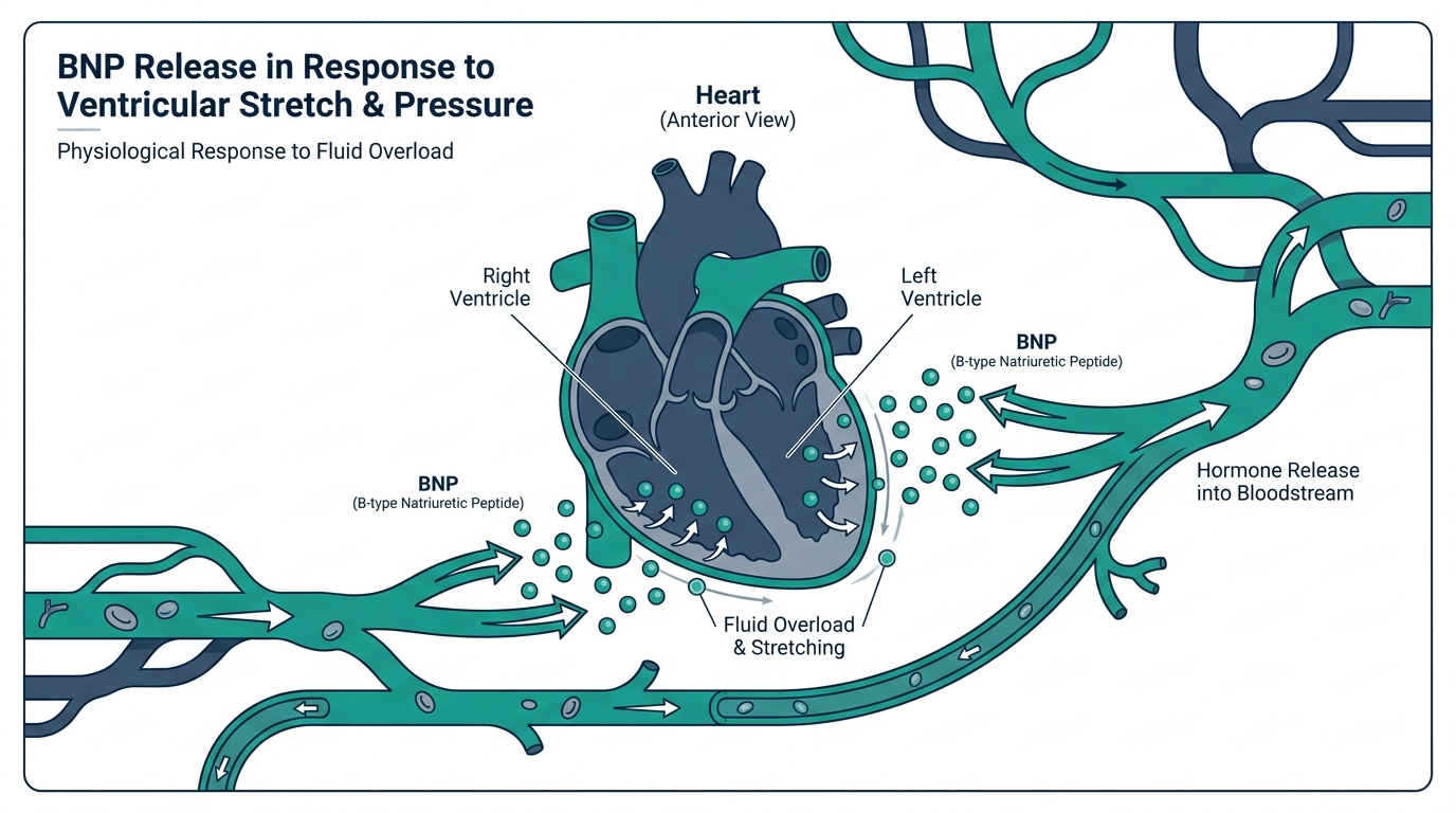 Anatomical diagram of the heart ventricles releasing BNP hormone into the bloodstream under stretch