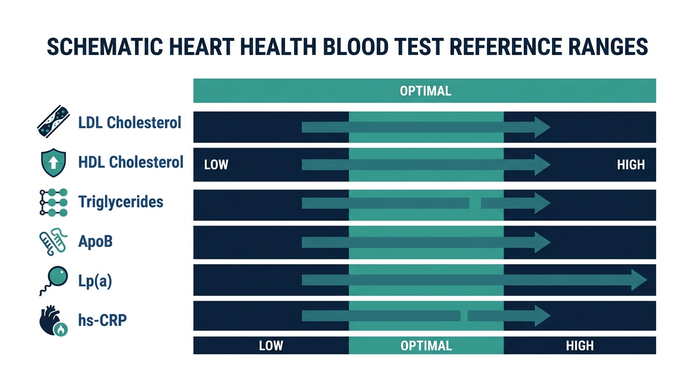 Schematic reference-range chart for heart health markers including LDL, HDL, triglycerides, ApoB, Lp(a), and hs-CRP with low, optimal, and high zones