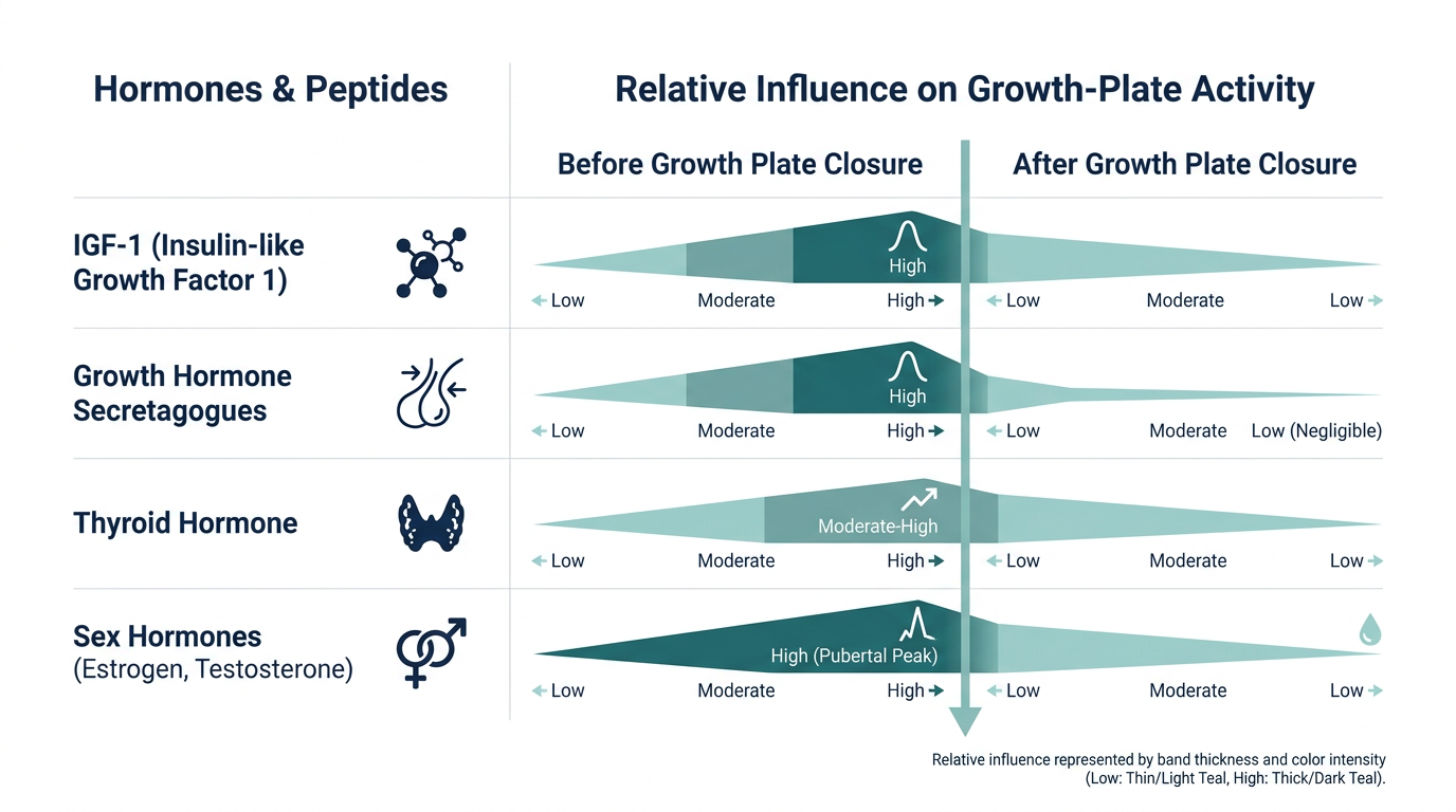 Schematic comparison chart of height-related hormones and peptides by influence on growth-plate activity