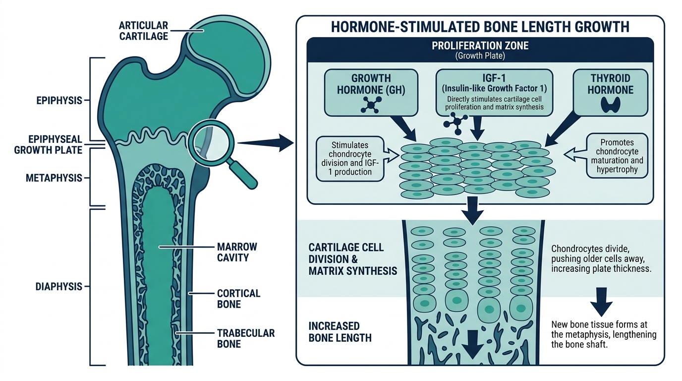 Diagram of a long bone's epiphyseal growth plate showing how growth hormone, IGF-1, and thyroid hormone stimulate bone growth