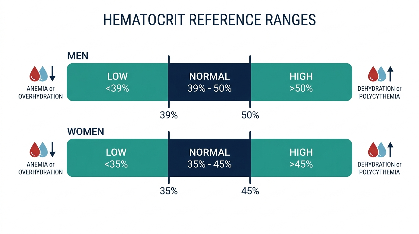 Reference range chart showing low, normal, and high hematocrit percentage for men and women