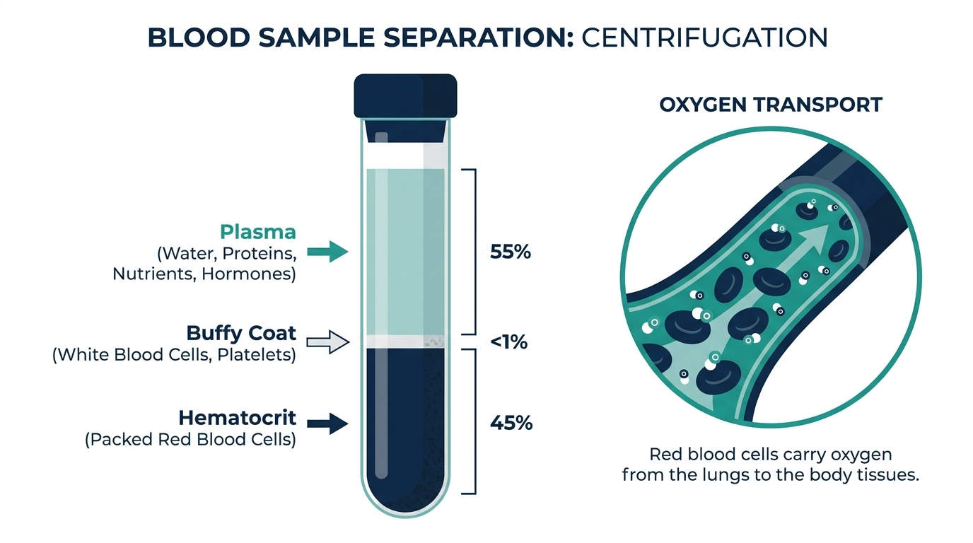 Diagram of a centrifuged blood sample tube showing plasma, buffy coat, and red blood cell layers with the red cell portion labeled hematocrit