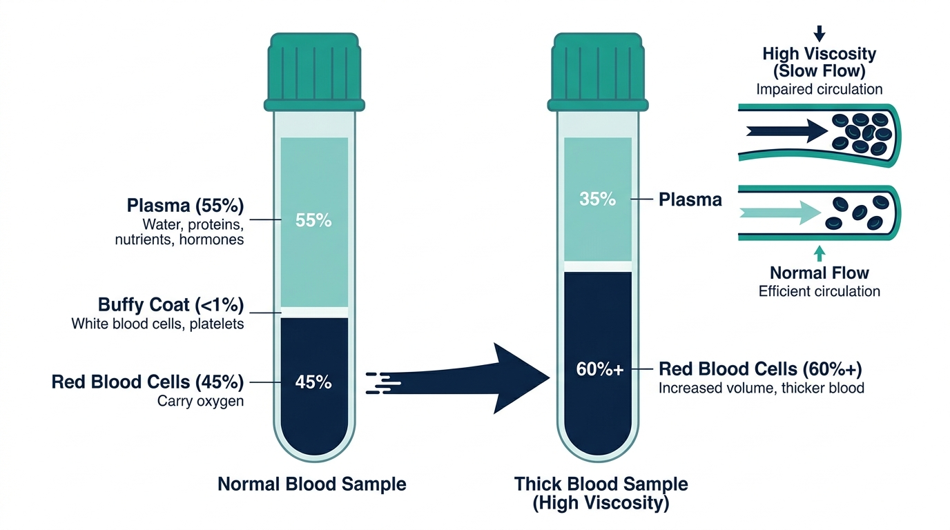 Diagram of a centrifuged blood tube comparing normal and elevated red blood cell (hematocrit) volume