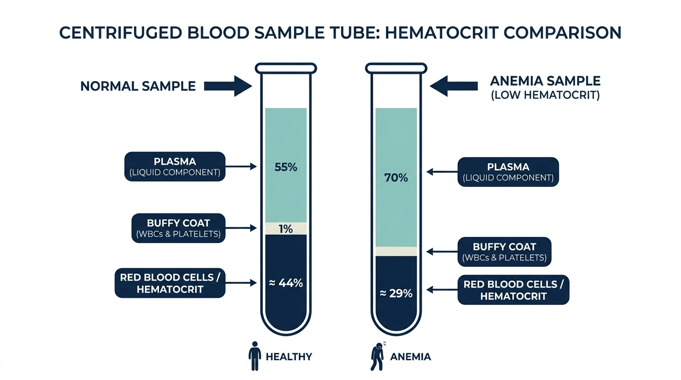 Diagram of a centrifuged blood tube comparing normal and low red blood cell (hematocrit) volume