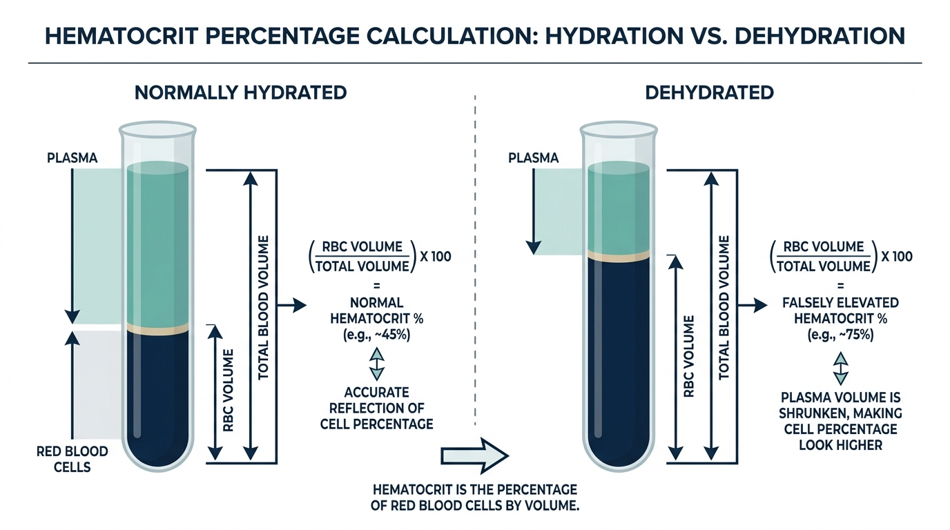 Diagram comparing hydrated and dehydrated blood samples showing how hematocrit percentage can look falsely high