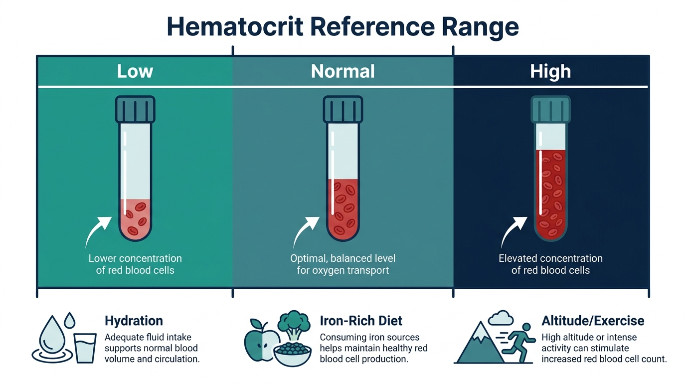 Schematic chart of low, normal, and high hematocrit bands with icons for hydration, iron-rich diet, and altitude or exercise