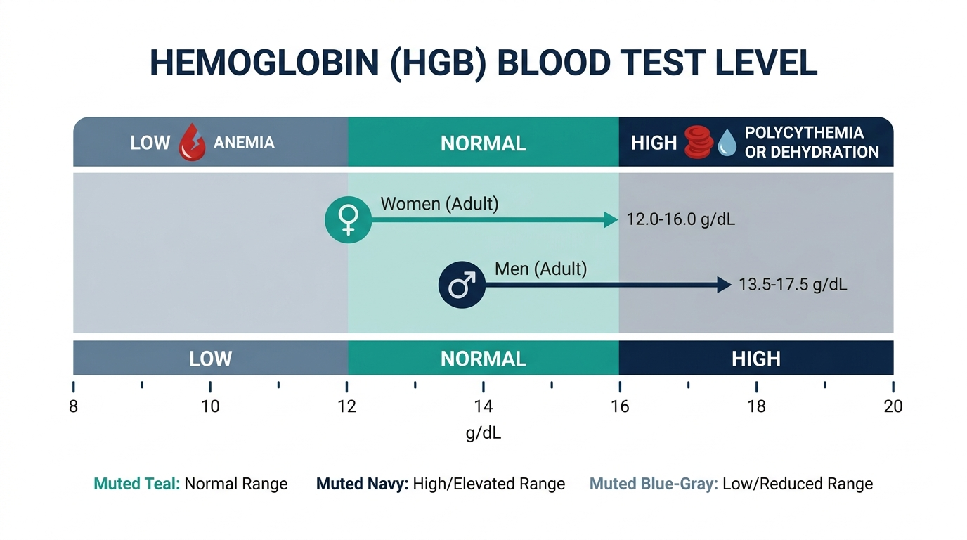 Reference range chart showing low, normal, and high hemoglobin levels for men and women