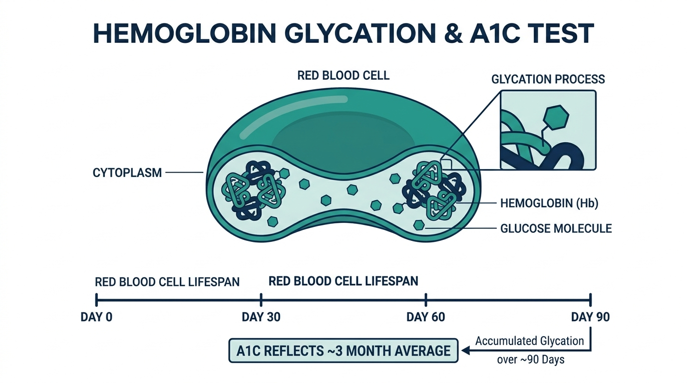 Diagram of glucose binding to hemoglobin inside a red blood cell with a 90-day lifespan timeline