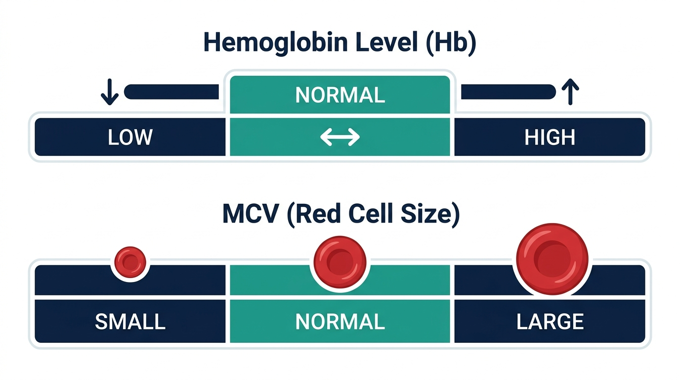 Schematic chart pairing hemoglobin level and red cell size bands from low to high