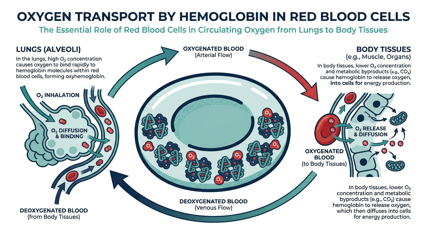 Diagram of a red blood cell showing hemoglobin binding oxygen in the lungs and releasing it to body tissues