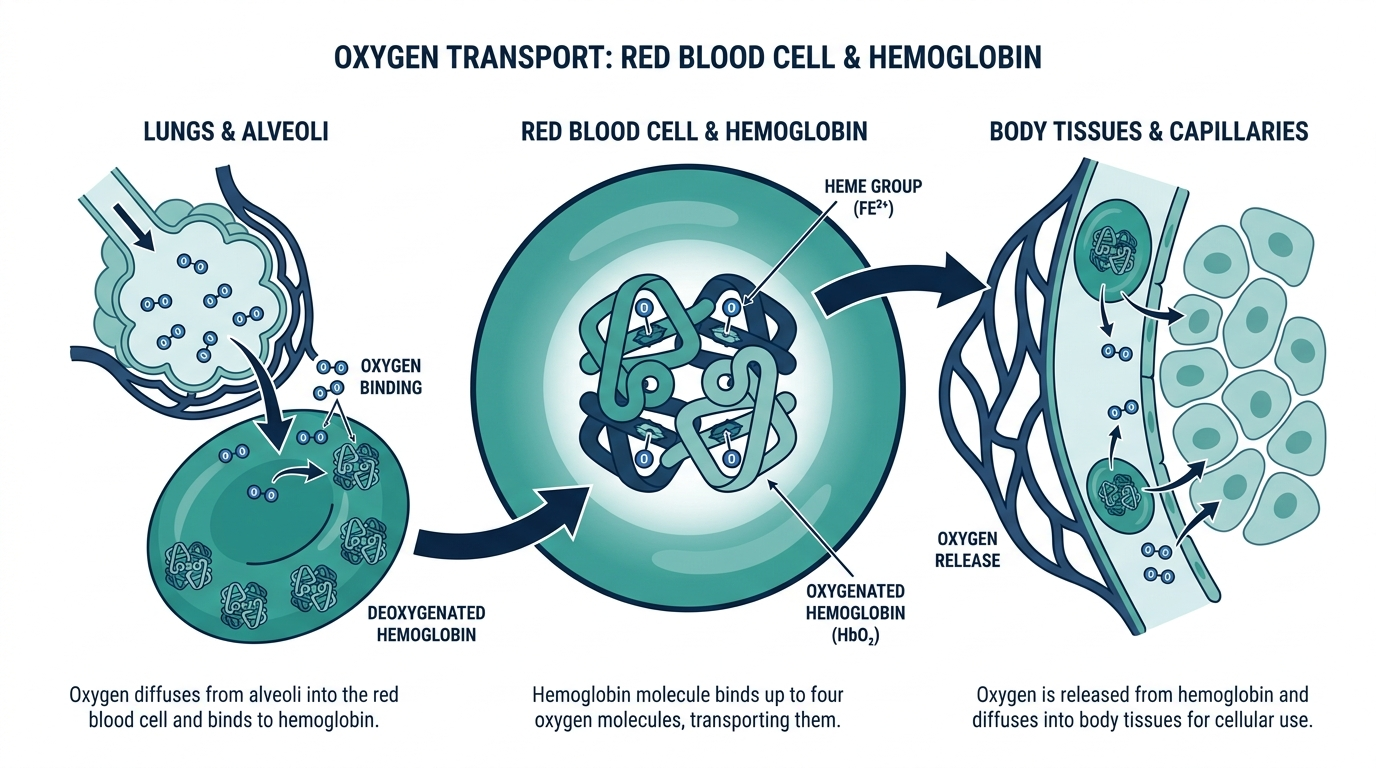 Diagram of hemoglobin in a red blood cell binding oxygen in the lungs and delivering it to tissue