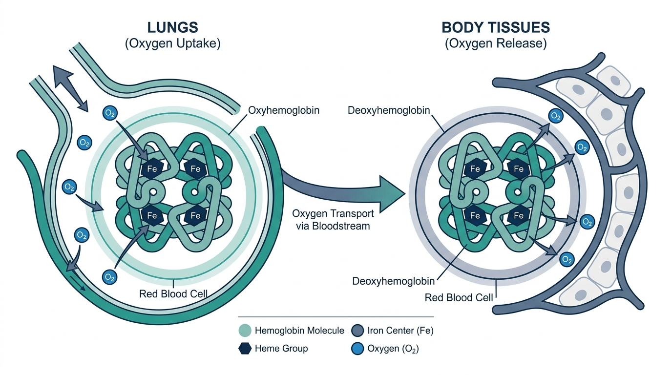 Diagram of a hemoglobin molecule inside a red blood cell binding oxygen in the lungs and releasing it to body tissues
