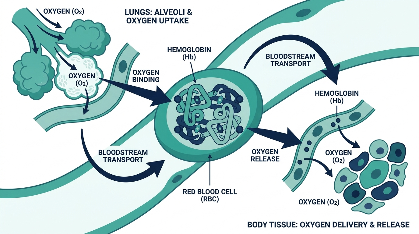 Diagram of hemoglobin in red blood cells transporting oxygen from lungs to body tissue