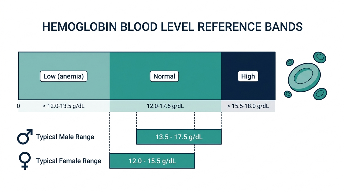 Schematic chart of hemoglobin reference bands from low to high, with separate male and female ranges