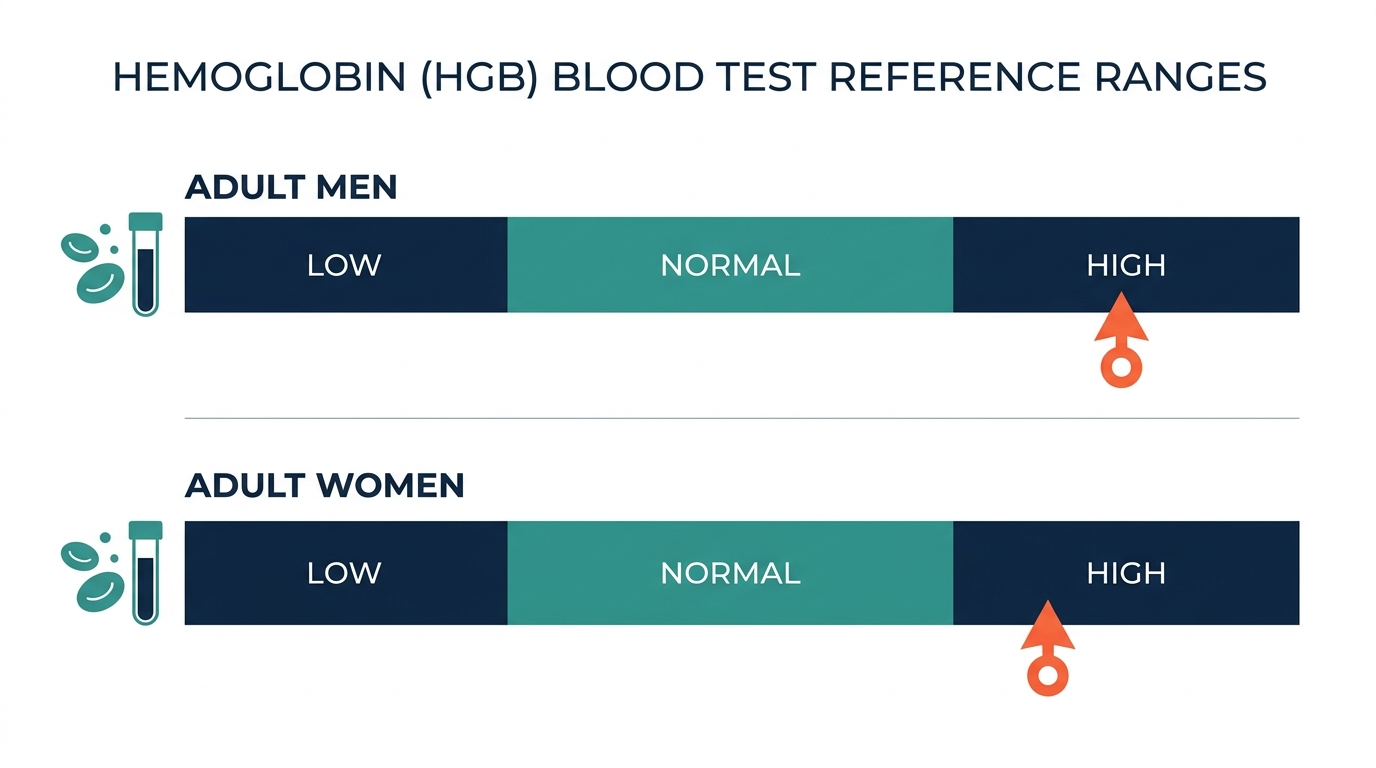 Schematic chart showing hemoglobin reference range bands from low to high, with separate rows for men and women