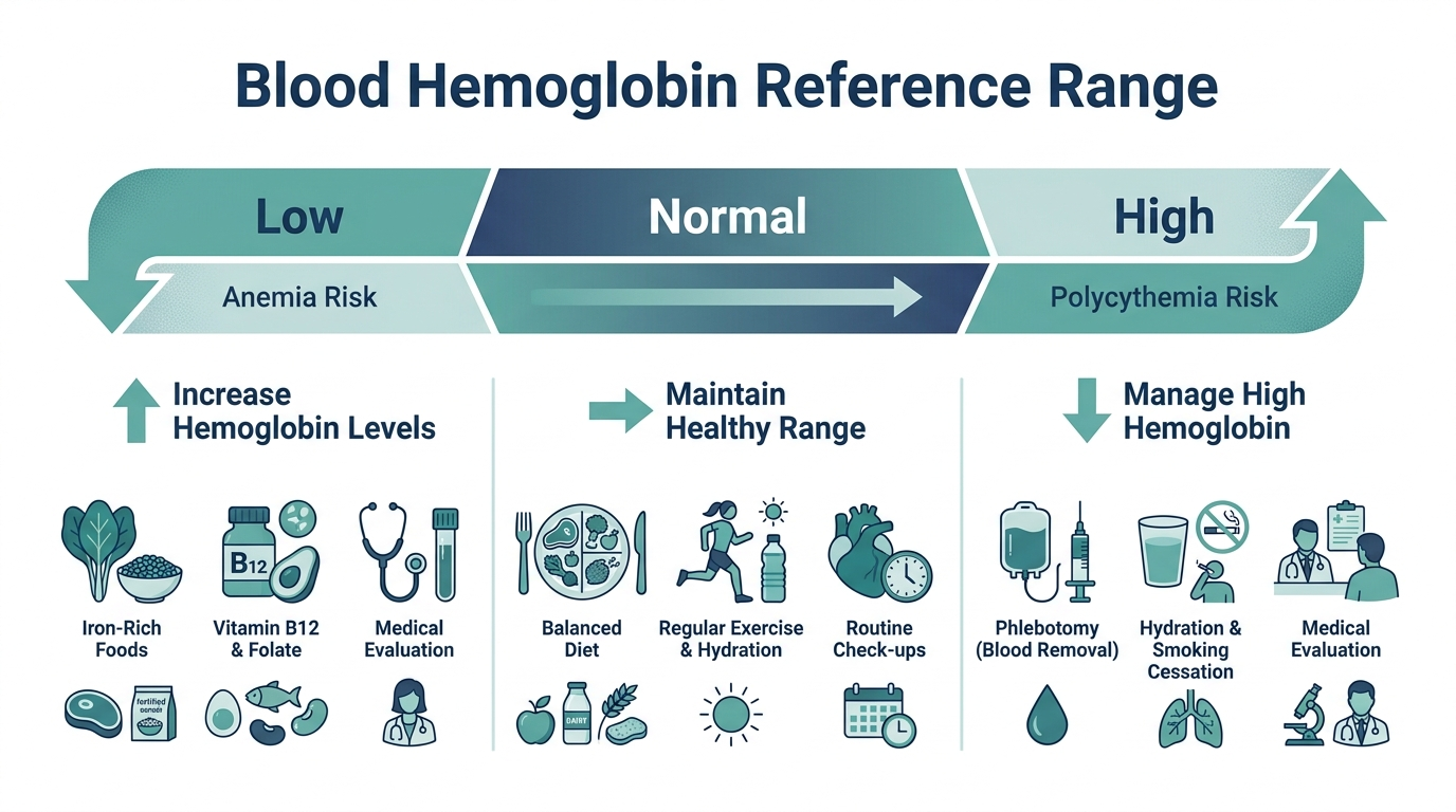 Schematic chart of low, normal, and high hemoglobin bands with icons for iron-rich foods, B12/folate, and medical evaluation