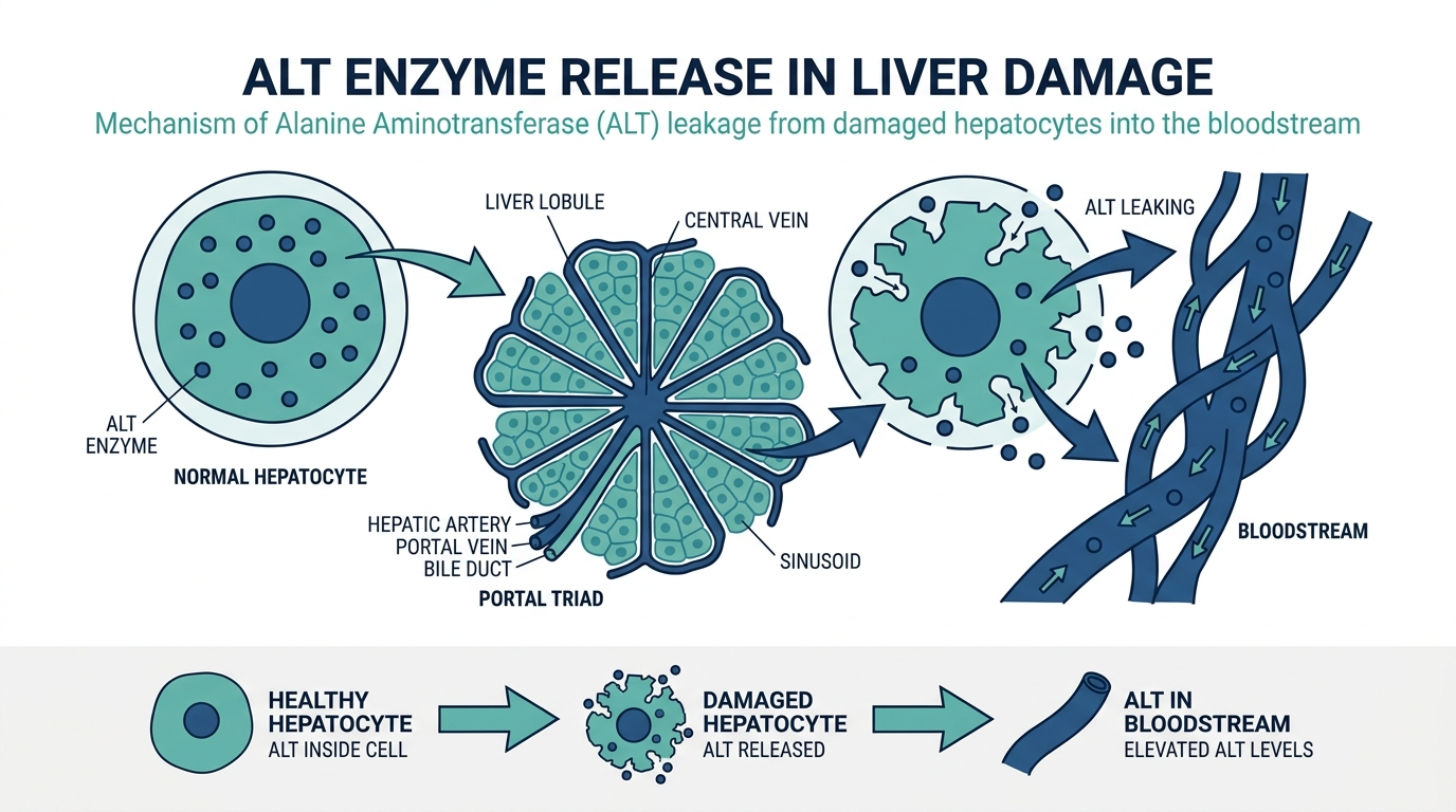 Diagram of a liver hepatocyte cell releasing ALT enzyme into the bloodstream when the cell membrane is damaged