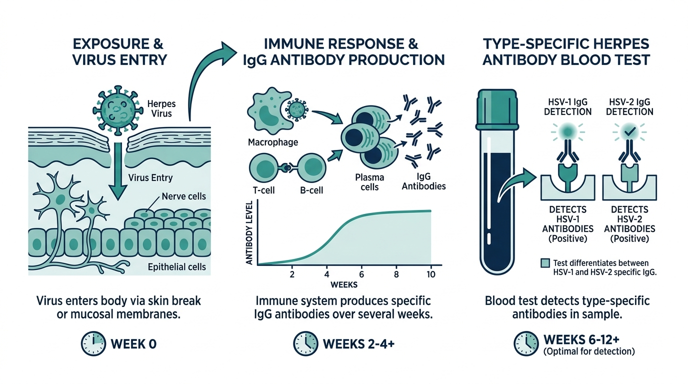 Diagram of the immune response timeline after herpes exposure showing IgG antibody development and type-specific testing
