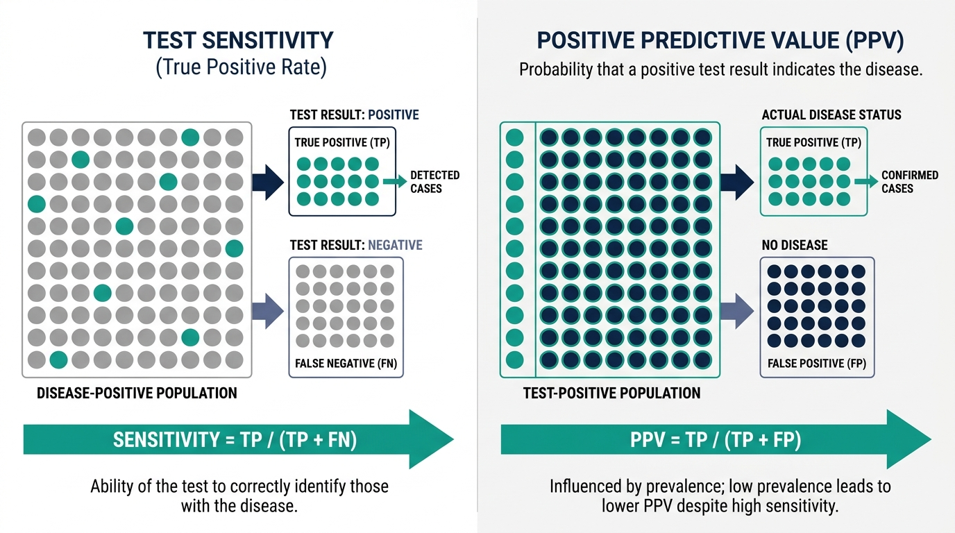 Schematic chart comparing test sensitivity to positive predictive value for herpes testing in low-risk populations