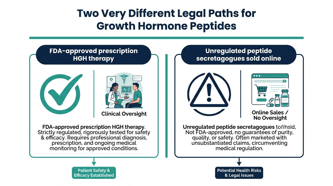 Comparison chart contrasting FDA-approved prescription HGH therapy with clinical oversight against unregulated peptide secretagogues sold online
