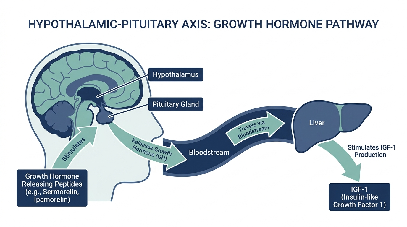 Diagram of the hypothalamic-pituitary axis showing how growth hormone releasing peptides stimulate GH release and downstream IGF-1 production in the liver