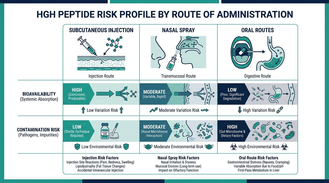 Comparison chart of relative risk for HGH peptides by route of administration: subcutaneous injection, nasal spray, and oral