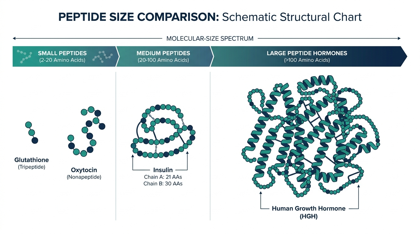 Schematic chart comparing HGH's size as a large peptide hormone against smaller peptide examples