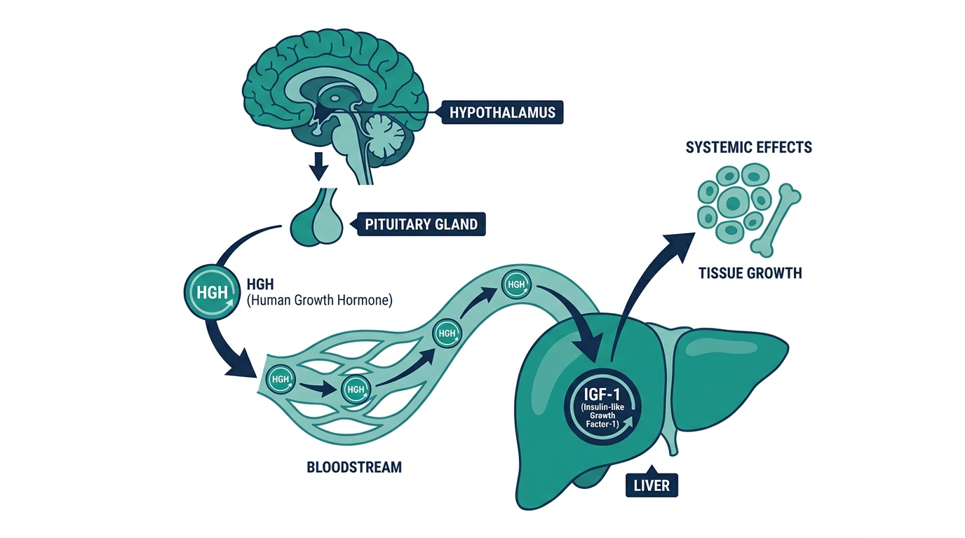 Diagram of the hypothalamus-pituitary-liver axis showing HGH triggering IGF-1 production