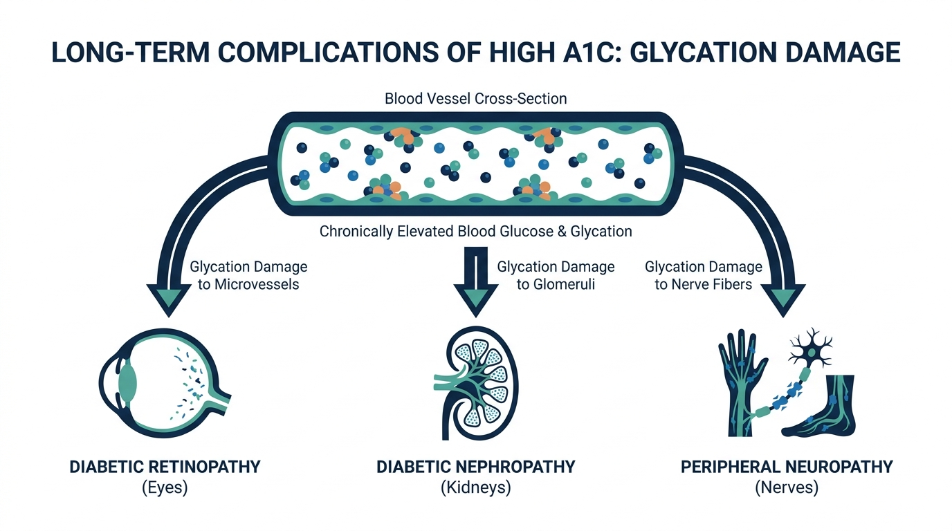 Diagram showing chronically elevated blood glucose damaging small blood vessels in the eyes, kidneys, and nerves