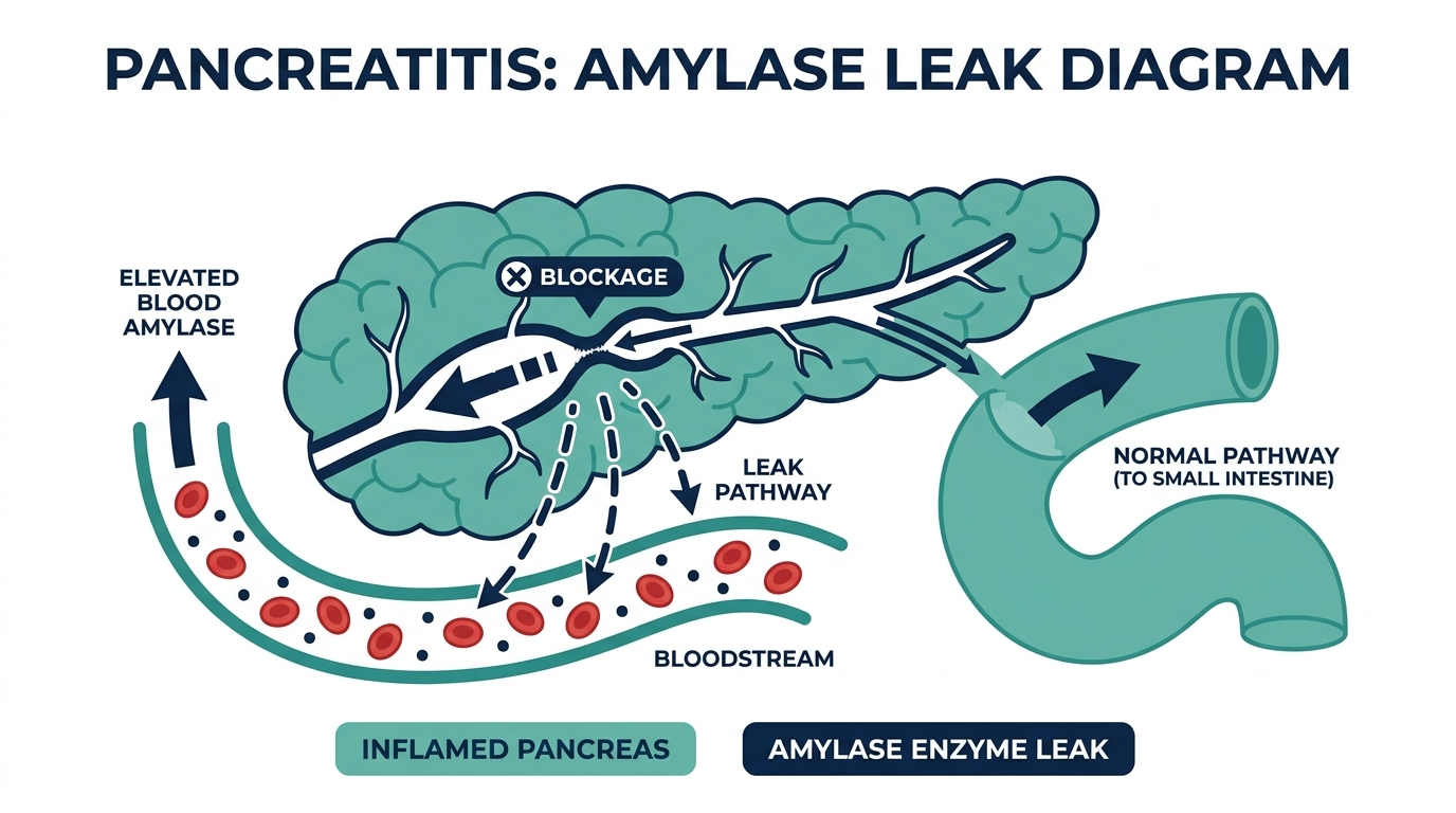 Diagram of an inflamed pancreas with a blocked duct causing amylase to leak into the bloodstream