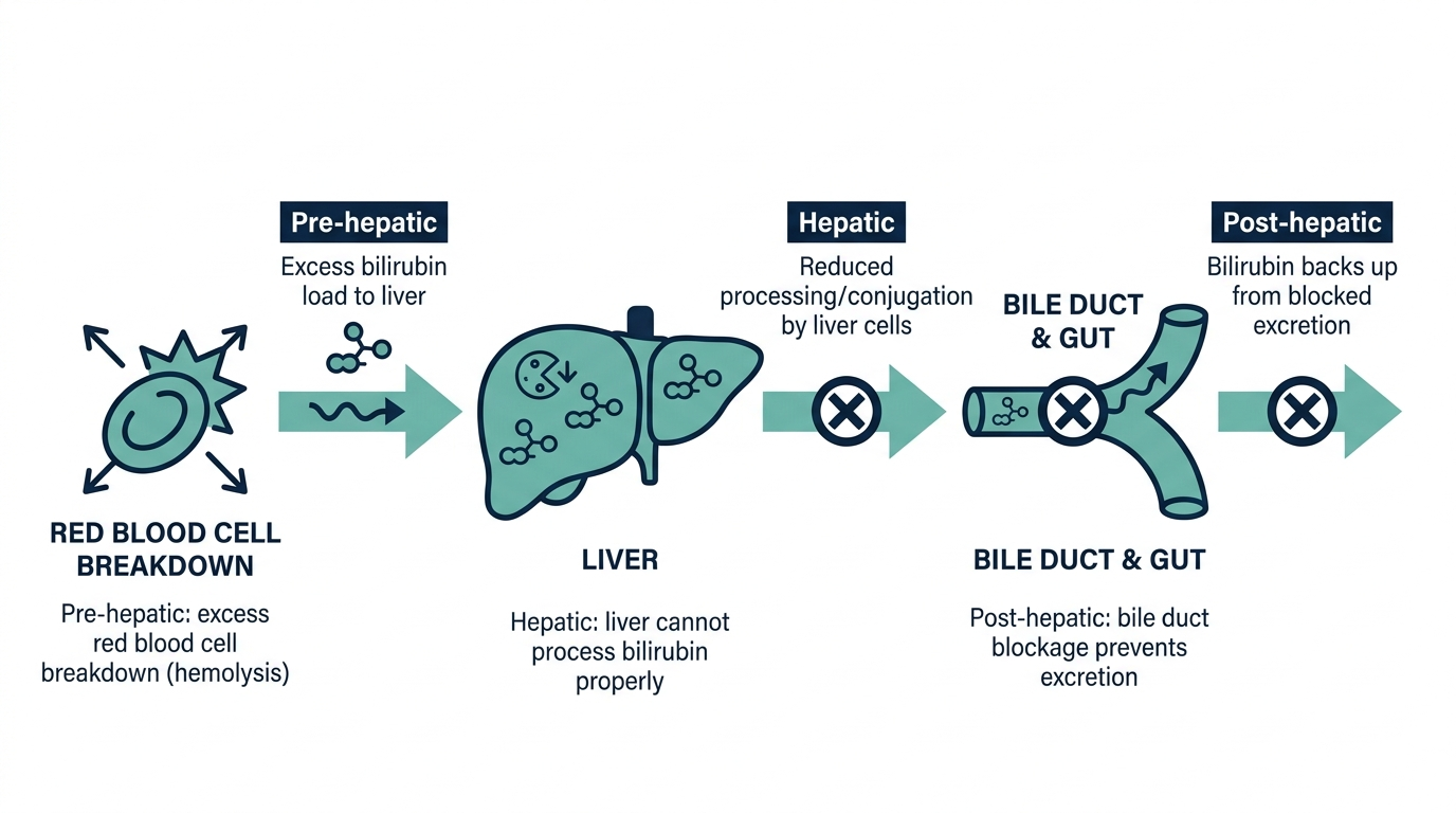 Diagram of three causes of high bilirubin: pre-hepatic hemolysis, hepatic liver dysfunction, and post-hepatic bile duct blockage
