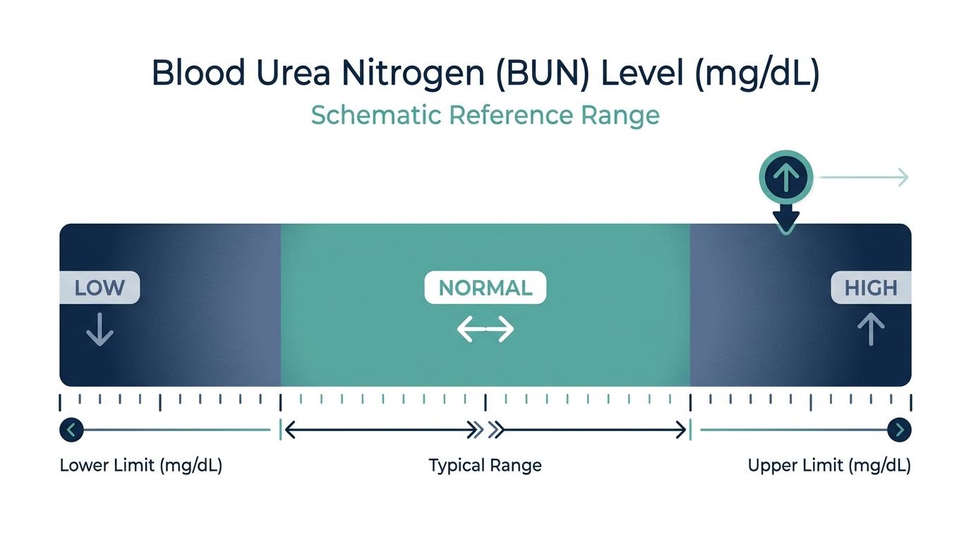 Schematic reference-range chart for blood urea nitrogen (BUN) levels showing Low, Normal, and High bands