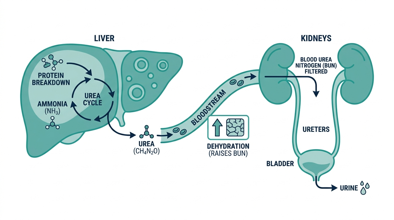 Diagram of the urea cycle showing the liver converting protein and ammonia into urea, and kidneys filtering blood urea nitrogen, with dehydration as a factor that raises BUN