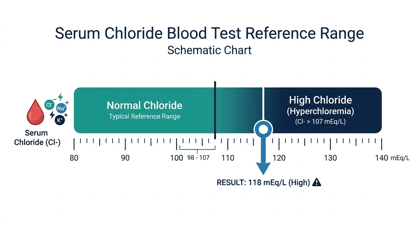 Reference range chart showing normal and high (hyperchloremia) bands for serum chloride blood test