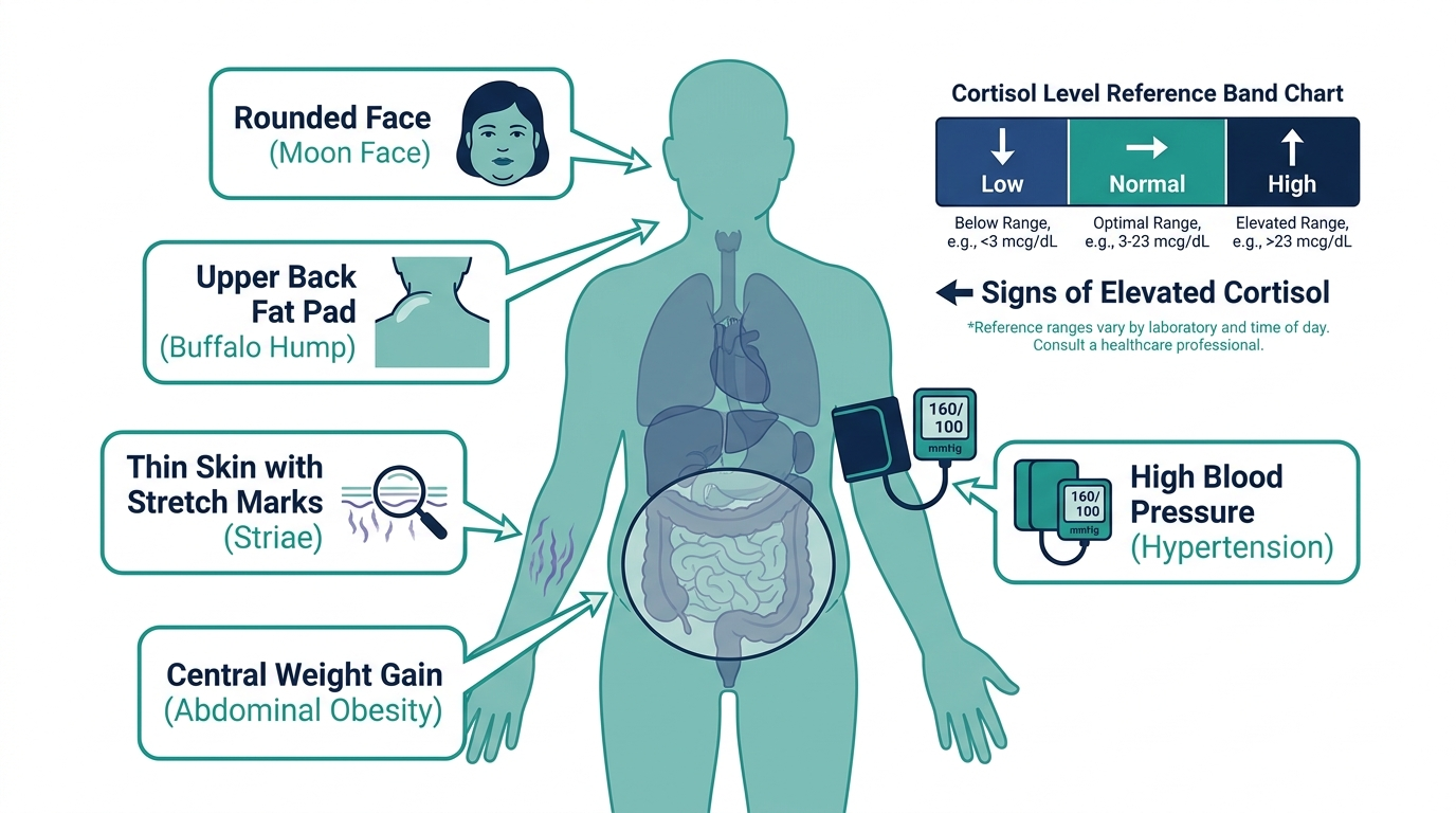 Body diagram highlighting physical signs of high cortisol such as facial rounding, upper back fat pad, and thin skin, next to a low/normal/high reference chart