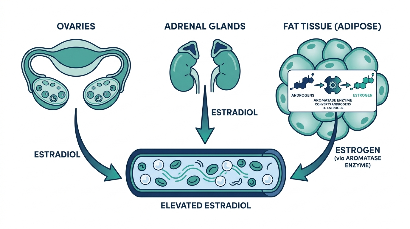 Diagram showing the ovaries, adrenal glands, and fat tissue as three sources that can contribute to elevated estradiol