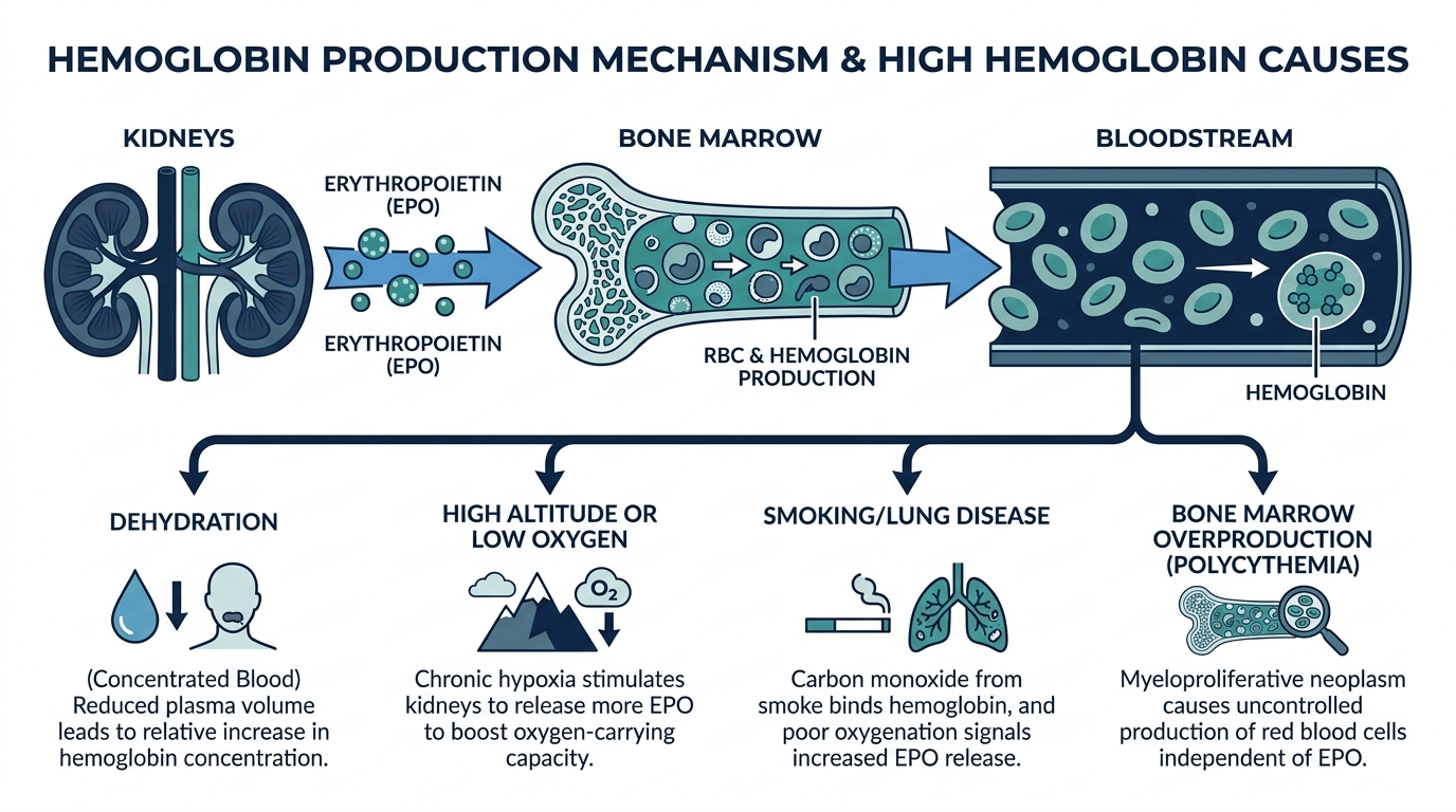 Diagram of the kidney-erythropoietin-bone marrow pathway showing causes of high hemoglobin such as dehydration, high altitude, and smoking